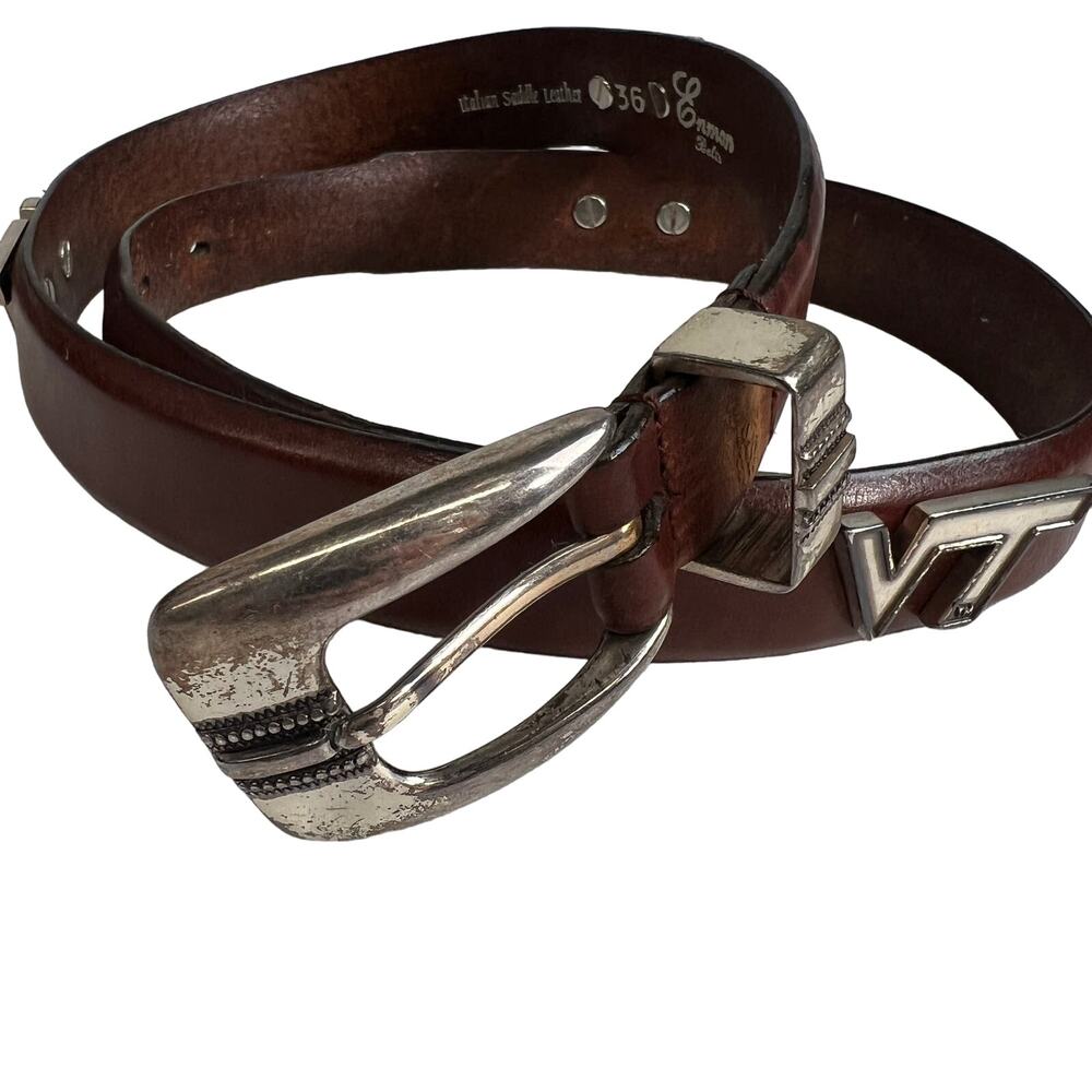 VA Tech Enmon Brown‎ Italian Saddle Leather Belt Silver Logo 36